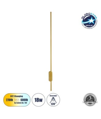 GLOBOSTAR® HARLEM 61336 Μοντέρνο Φωτιστικό Τοίχου - Απλίκα LED 18W 2160lm 120° AC 220-240V IP20 Ρυθμιζόμενο Λευκό CCT με On-Off 2700K-4500K-6000K - Lumileds SMD Chip - Χρυσό Βούρτσας - Μ5 x Π4 x Υ120cm - 3 Χρόνια Εγγύηση